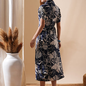 Abstract Floral Printed A-Line Flared Midi Dress - Navy Blue