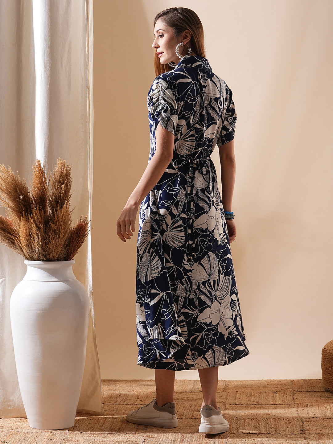 Abstract Floral Printed A-Line Flared Midi Dress - Navy Blue