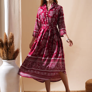 Floral Printed A-Line Flared Midi Dress - Maroon