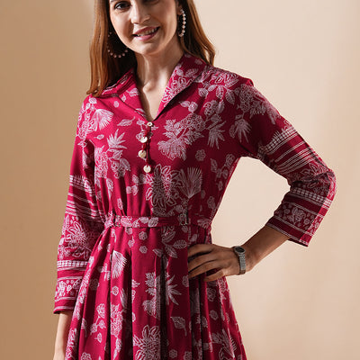 Floral Printed A-Line Flared Midi Dress - Maroon