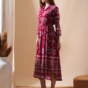 Floral Printed A-Line Flared Midi Dress - Maroon