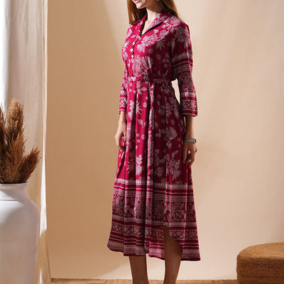 Floral Printed A-Line Flared Midi Dress - Maroon