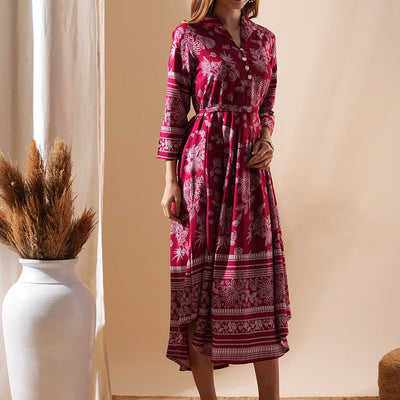 Floral Printed A-Line Flared Midi Dress - Maroon