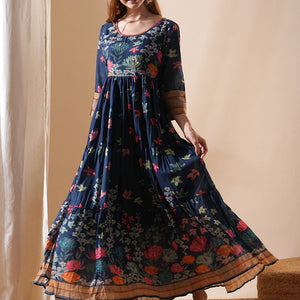 Floral Printed & Hand Embroidered A-Line Tiered Maxi Dress - Blue