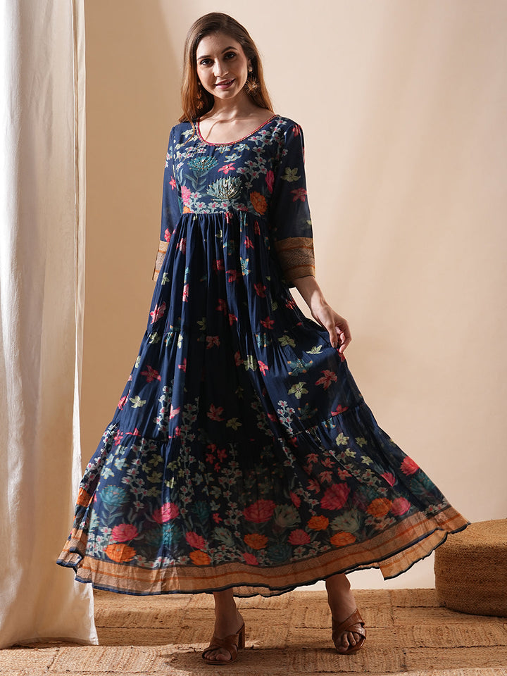 Floral Printed & Hand Embroidered A-Line Tiered Maxi Dress - Blue