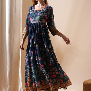 Floral Printed & Hand Embroidered A-Line Tiered Maxi Dress - Blue