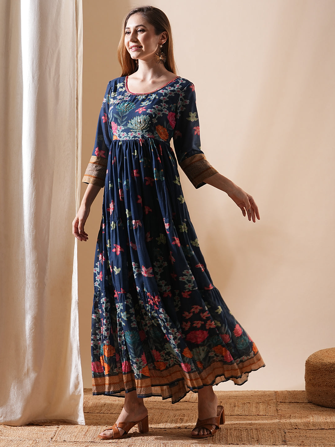 Floral Printed & Hand Embroidered A-Line Tiered Maxi Dress - Blue