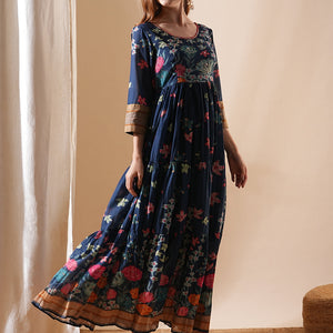 Floral Printed & Hand Embroidered A-Line Tiered Maxi Dress - Blue