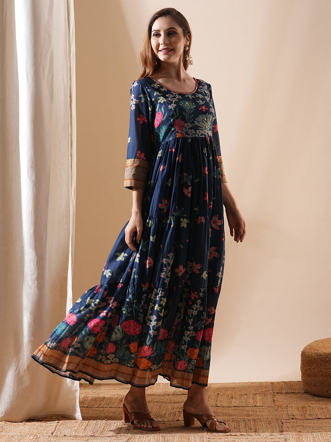 Floral Printed & Hand Embroidered A-Line Tiered Maxi Dress - Blue