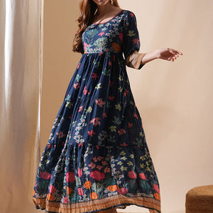 Floral Printed & Hand Embroidered A-Line Tiered Maxi Dress - Blue