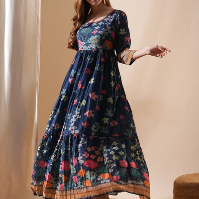Floral Printed & Hand Embroidered A-Line Tiered Maxi Dress - Blue