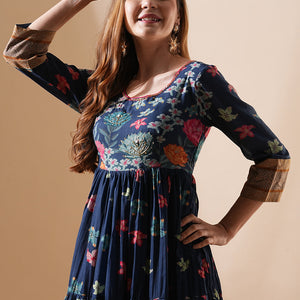 Floral Printed & Hand Embroidered A-Line Tiered Maxi Dress - Blue