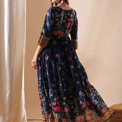 Floral Printed & Hand Embroidered A-Line Tiered Maxi Dress - Blue
