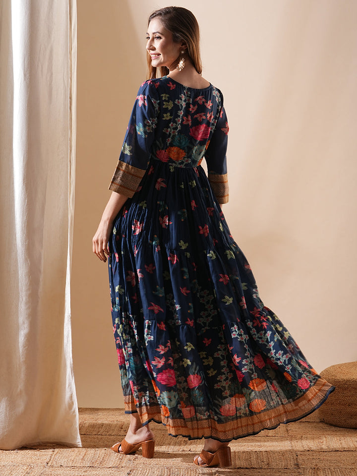 Floral Printed & Hand Embroidered A-Line Tiered Maxi Dress - Blue