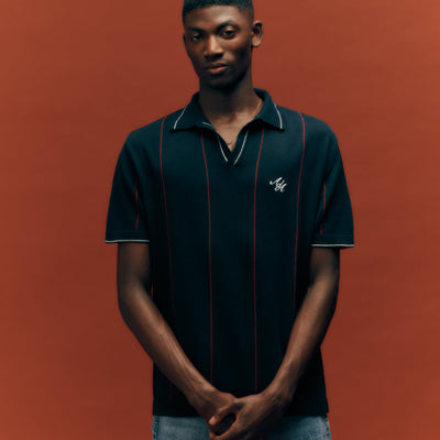 Alma De Ace Stripe Knit Navy Blue Polo Shirt