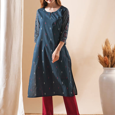 Ethnic Ikat Printed Straight Fit Kurta - Teal Blue
