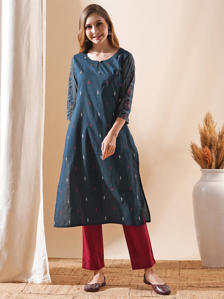 Ethnic Ikat Printed Straight Fit Kurta - Teal Blue