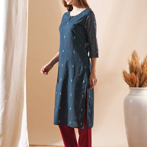 Ethnic Ikat Printed Straight Fit Kurta - Teal Blue