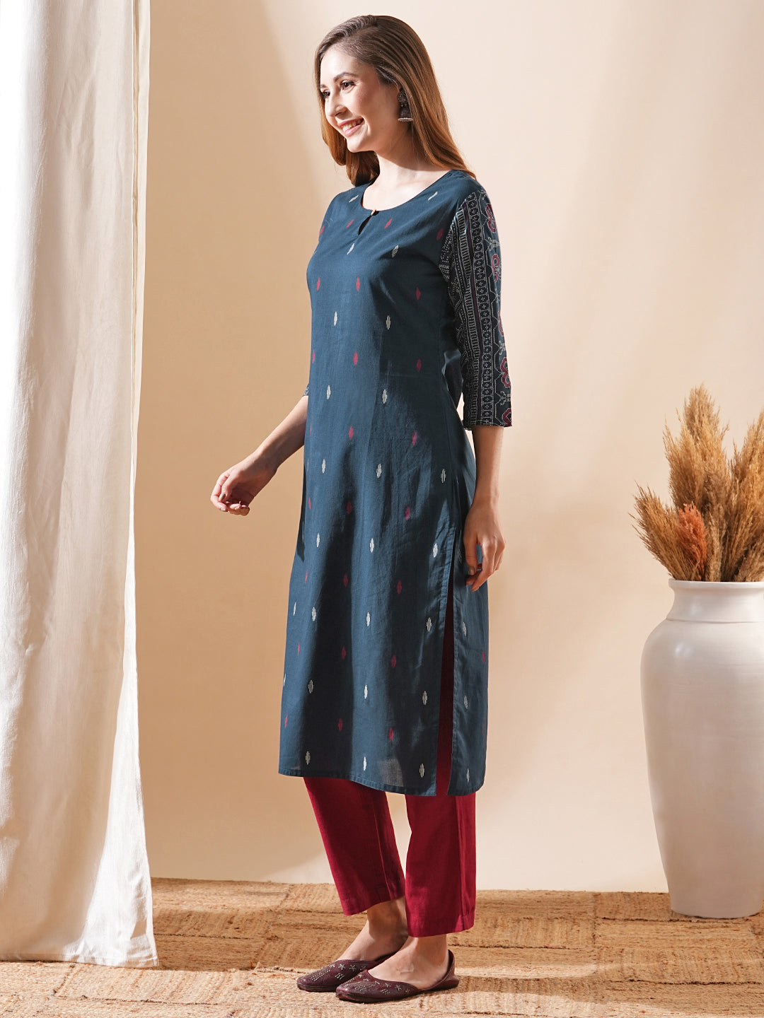 Ethnic Ikat Printed Straight Fit Kurta - Teal Blue