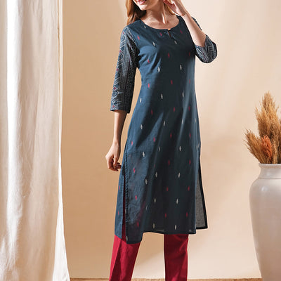 Ethnic Ikat Printed Straight Fit Kurta - Teal Blue