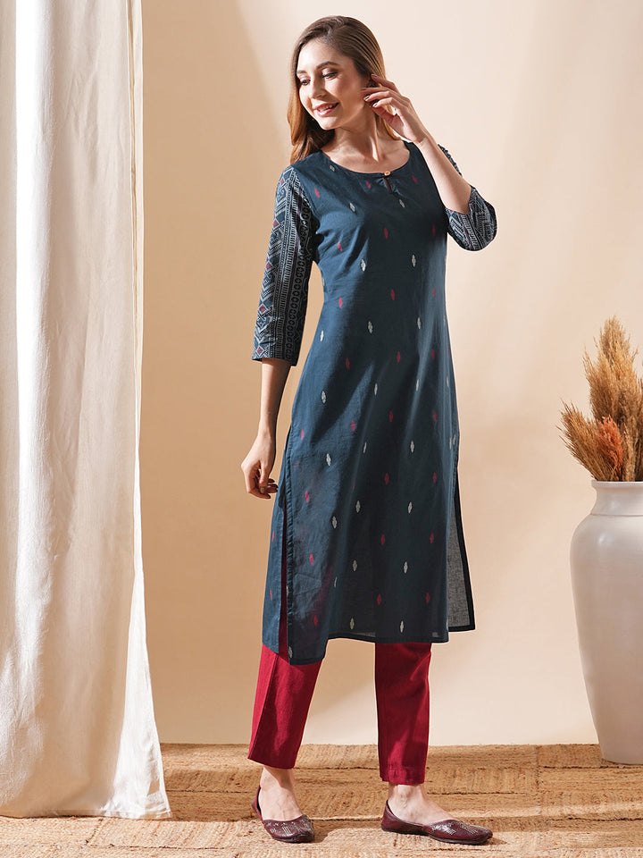 Ethnic Ikat Printed Straight Fit Kurta - Teal Blue