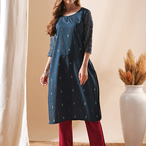 Ethnic Ikat Printed Straight Fit Kurta - Teal Blue