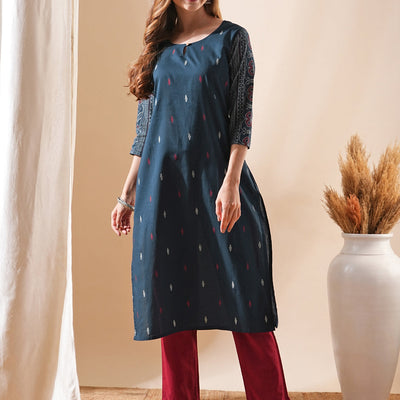 Ethnic Ikat Printed Straight Fit Kurta - Teal Blue