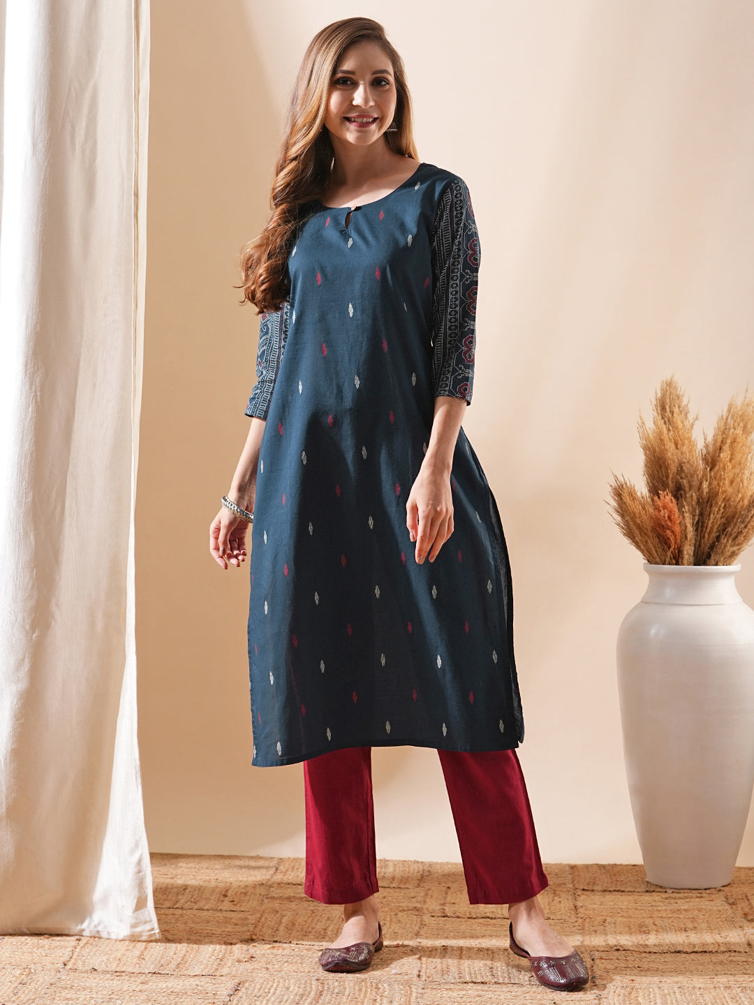 Ethnic Ikat Printed Straight Fit Kurta - Teal Blue