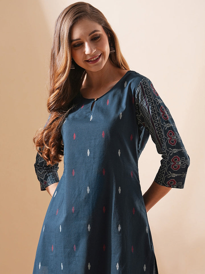 Ethnic Ikat Printed Straight Fit Kurta - Teal Blue