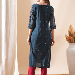 Ethnic Ikat Printed Straight Fit Kurta - Teal Blue