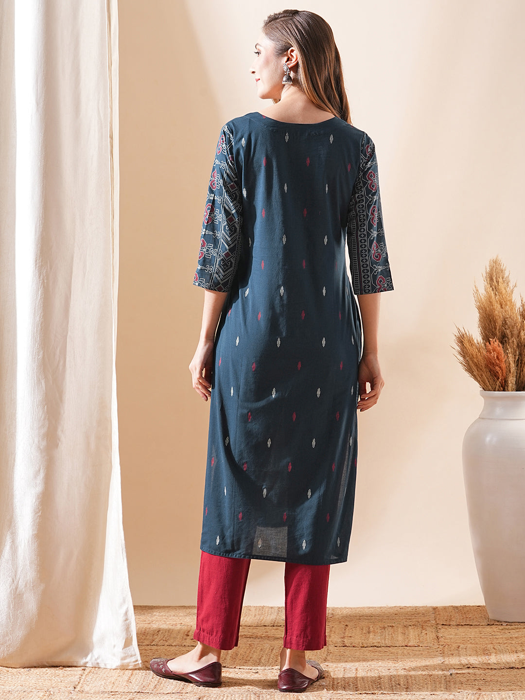 Ethnic Ikat Printed Straight Fit Kurta - Teal Blue