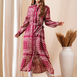 Ethnic Floral Printed Straight Fit Kurta with Tie Ups - Maroon