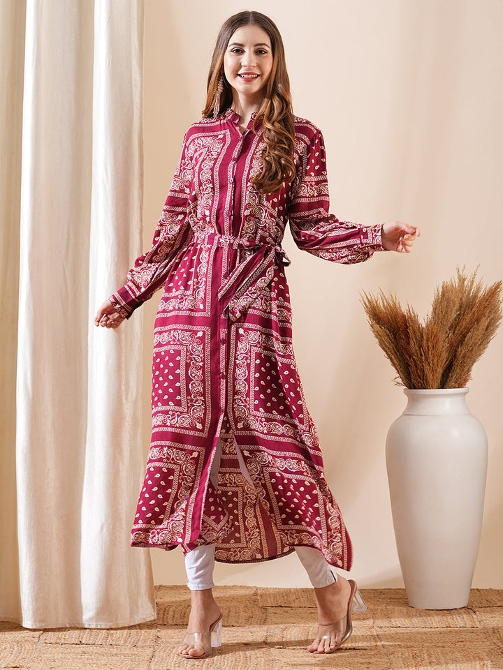 Ethnic Floral Printed Straight Fit Kurta with Tie Ups - Maroon