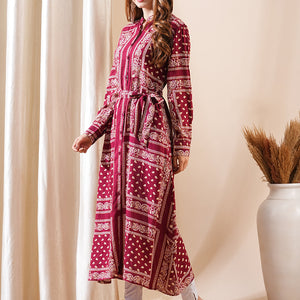 Ethnic Floral Printed Straight Fit Kurta with Tie Ups - Maroon