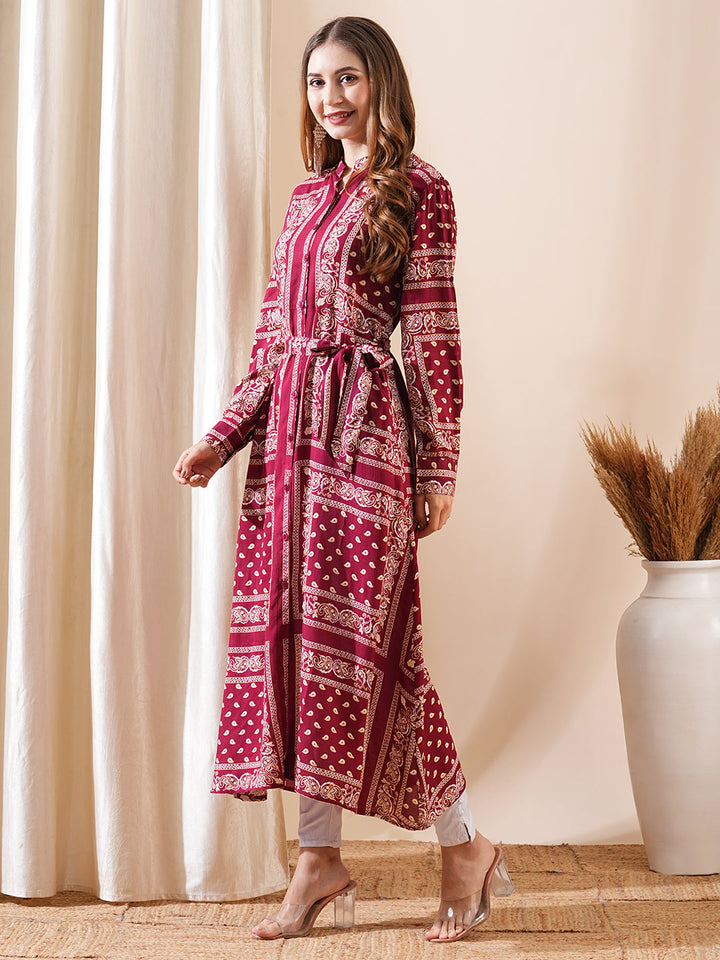 Ethnic Floral Printed Straight Fit Kurta with Tie Ups - Maroon