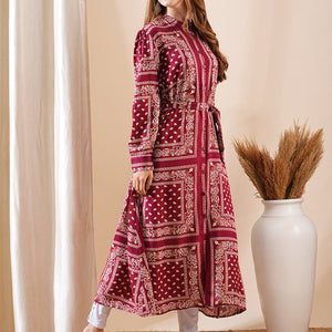 Ethnic Floral Printed Straight Fit Kurta with Tie Ups - Maroon
