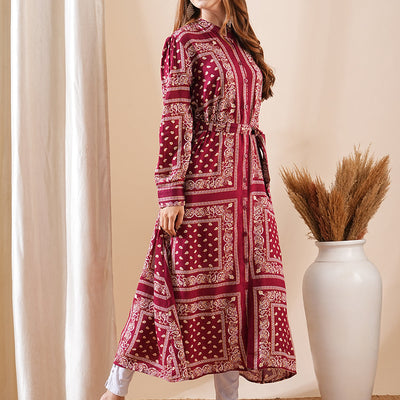 Ethnic Floral Printed Straight Fit Kurta with Tie Ups - Maroon