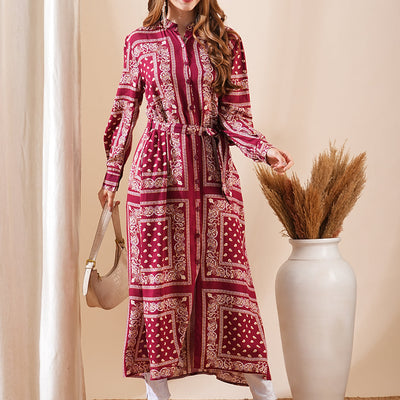 Ethnic Floral Printed Straight Fit Kurta with Tie Ups - Maroon