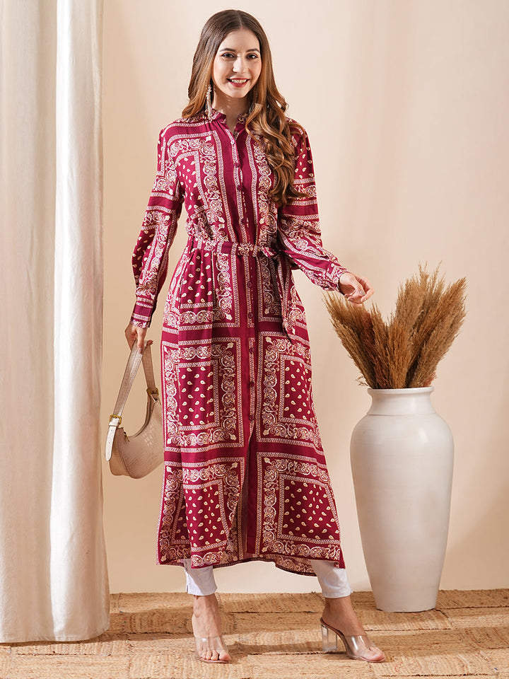 Ethnic Floral Printed Straight Fit Kurta with Tie Ups - Maroon