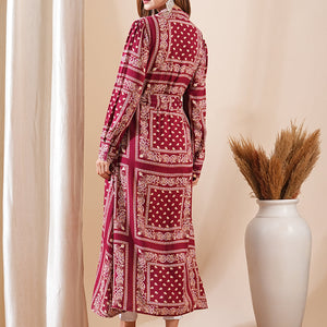 Ethnic Floral Printed Straight Fit Kurta with Tie Ups - Maroon