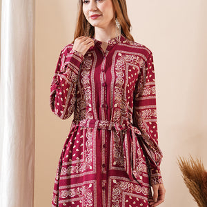 Ethnic Floral Printed Straight Fit Kurta with Tie Ups - Maroon