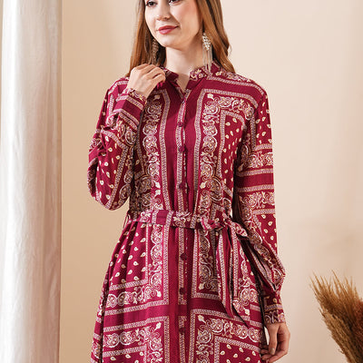 Ethnic Floral Printed Straight Fit Kurta with Tie Ups - Maroon