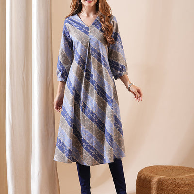 Ethnic Floral & Stripes Printed A-Line Kurta - Blue
