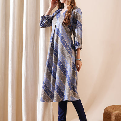 Ethnic Floral & Stripes Printed A-Line Kurta - Blue