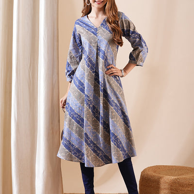 Ethnic Floral & Stripes Printed A-Line Kurta - Blue