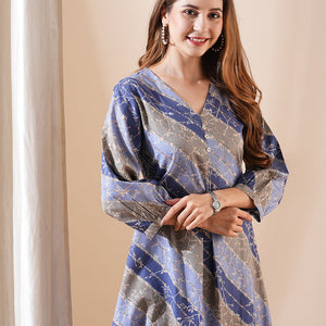 Ethnic Floral & Stripes Printed A-Line Kurta - Blue