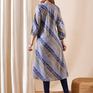 Ethnic Floral & Stripes Printed A-Line Kurta - Blue