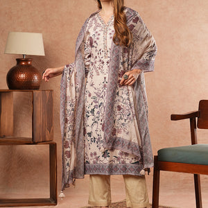 Ethnic Floral Printed Straight Fit Kurta with Pant & Dupatta - Off White