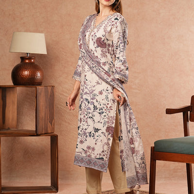 Ethnic Floral Printed Straight Fit Kurta with Pant & Dupatta - Off White