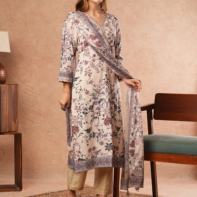 Ethnic Floral Printed Straight Fit Kurta with Pant & Dupatta - Off White
